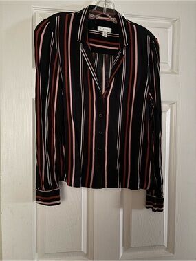 Topshop Black Button-Down Blouse with Pink and Rust Stripes